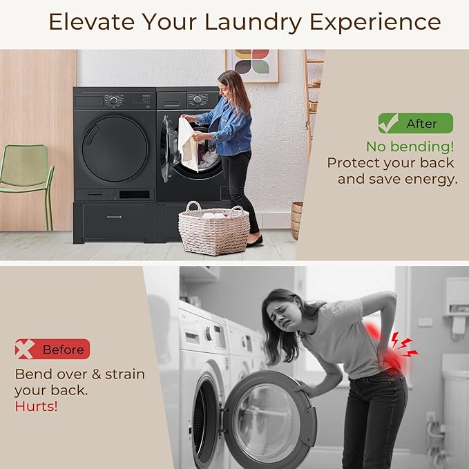 SKM 2-Pack 28" Washer and Dryer Pedestal Stand with Storage Drawer | Heavy-Duty Steel Frame, 700LB Capacity | 14.3 Inch Lift to Reduce Back Strain, Black