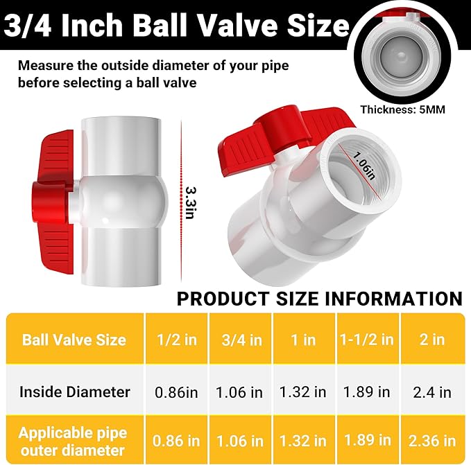 16PCS 3/4" PVC Ball Valve Threaded, Shut Off Valves Socket with Red T-Handle, SCH40 Slip Water Pipe Valve for Water Project, Swimming Pool, Sewage Pump, Outdoor Plumbing & Irrigation System