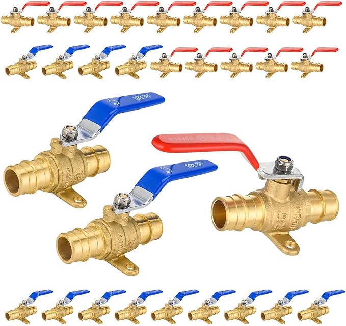 30-Pack Foskan Brass PEX-A Expansion Drop Ear Full Port Ball Valve, 1" Shut-off Valve for Hot and Cold Water Distribution(Blue and Red)