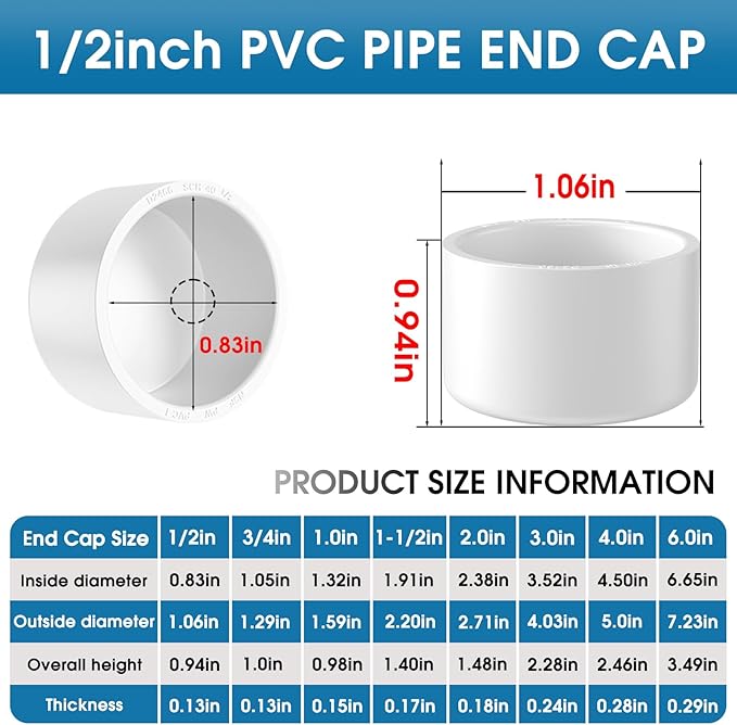 1/2" PVC Pipe End Cap Fitting, 30PCS SCH40 Furniture Grade PVC Pipe Plug Adapter, White Pipe Slip End Caps Sockets for Built Furniture DIY Garden Shelf