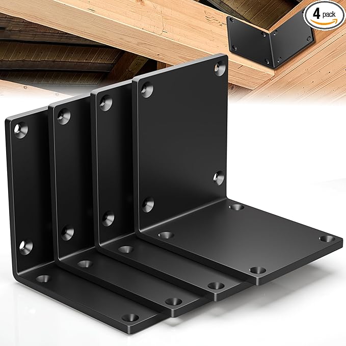 4 Pcs 8" X 8" X 6" Heavy Duty Steel L Angle Bracket for Wood, Large 90 Degree Corner Shelf Support Bracket, 8x8 Post to Beam Connector, Thickness 1/4"(6mm), Max Load 300+lbs-