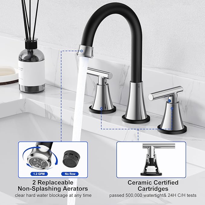 Bathroom Faucets for Sink 3 Hole, Hurran Black& Chrome Bathroom Sink Faucet with Pop-up Drain and Supply Lines, Stainless Steel Lead-Free Widespread Faucet for Vanity RV Farmhouse Sink