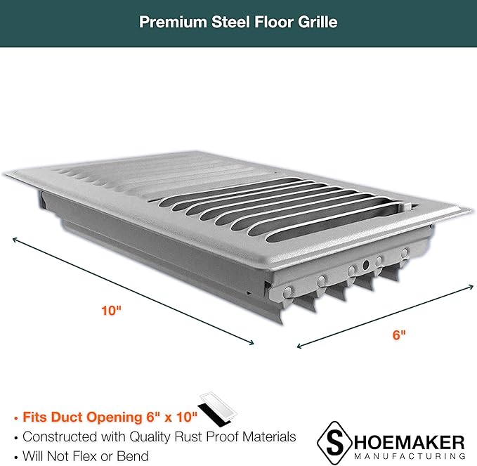 Shoemaker 6x10 Floor Register – Cement Gray Heavy Duty Metal Floor Vent Cover for Home Floors - Premium Forced Air Vent Covers