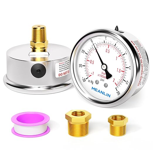 MEANLIN MEASURE -30inHG~30Psi Stainless Steel 1/4" NPT 2.5" FACE DIAL,Vacuum Pressure Gauge,Center Back Mount, with 1/4" x 1/2" NPT and 1/4" x 3/8" NPT Hex Bushing