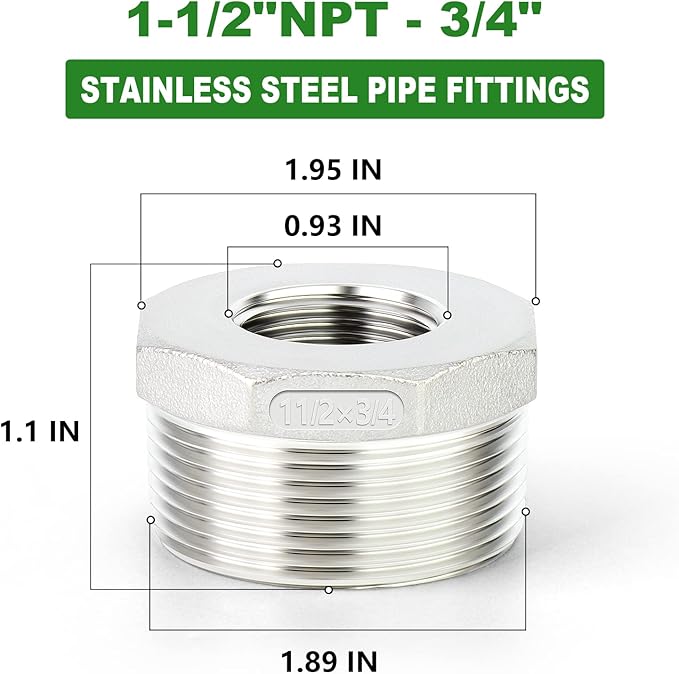 TAISHER 2PCS 304 Stainless Steel Reducer Hex Bushing, 1-1/2" NPT Male x 3/4" NPT Female, Reducing Pipe Adapter Fitting