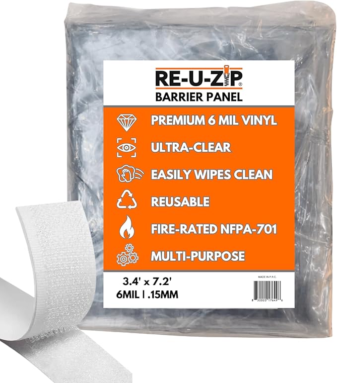 RE-U-ZIP® Self-Closing Ultra-Clear Magnetic Entry Strip Door Kit | Negative-Air Resistant and Reliable for Cleanrooms, Construction, Remodeling | Standard 6 Mil FR Vinyl (3.4 x 7.2 ft)