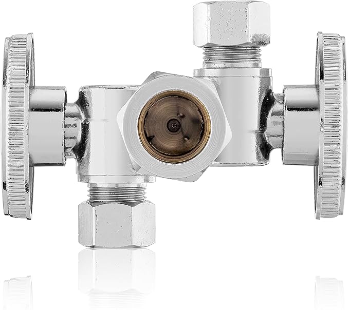 1-PC HeSun Dual Shut Off Angle Valve, 1/2" Nominal (5/8"OD) x 3/8" OD x 3/8" OD Compression, 1/4-Turn Stop Valve with 2 Shut Offs, PEX Chrome Plated Brass(VALVE134)