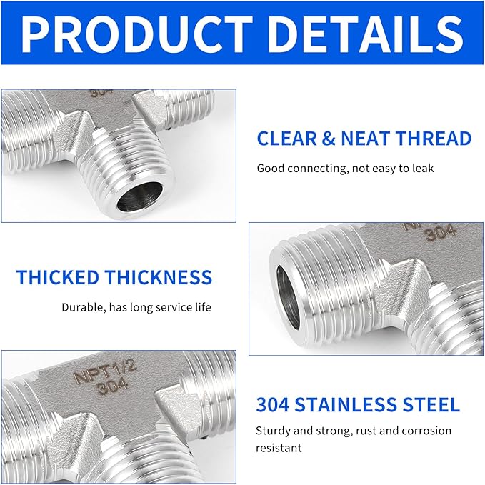 2 piece,NPT1/2Male - NPT1/2Male - NP1/2Male tee, 3WayConnector, Fabricate of 304 Stainless Steel.