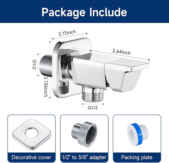 SUBMARINE 2PCS Angle Stop Valve, 1/4 Turn 1/2 x 3/8 Inch Angle Water Shut Off Valve, Toilet Faucet Valve, Brass Body and Ceramic Core for Hot and Cold Water