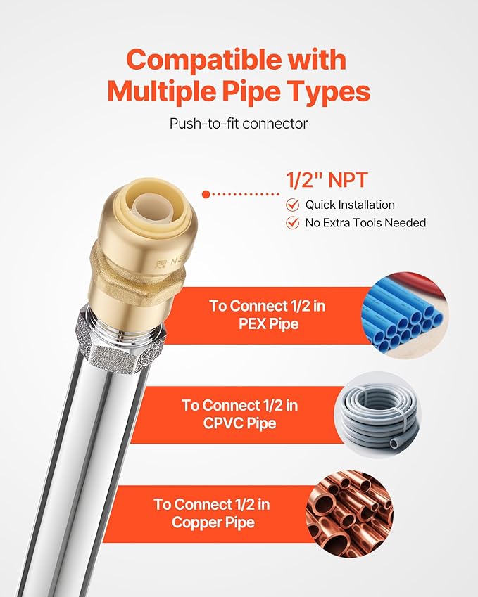 VEVOR Anti-Siphon Frost-Proof Sillcock, 12" Freeze Proof Outdoor Faucet Bib with Backflow Preventer, 1/2" Push-to-Fit Connector X 3/4" Hose Bibb, No Lead Frost-Free Spigot for PEX Copper CPVC Pipes