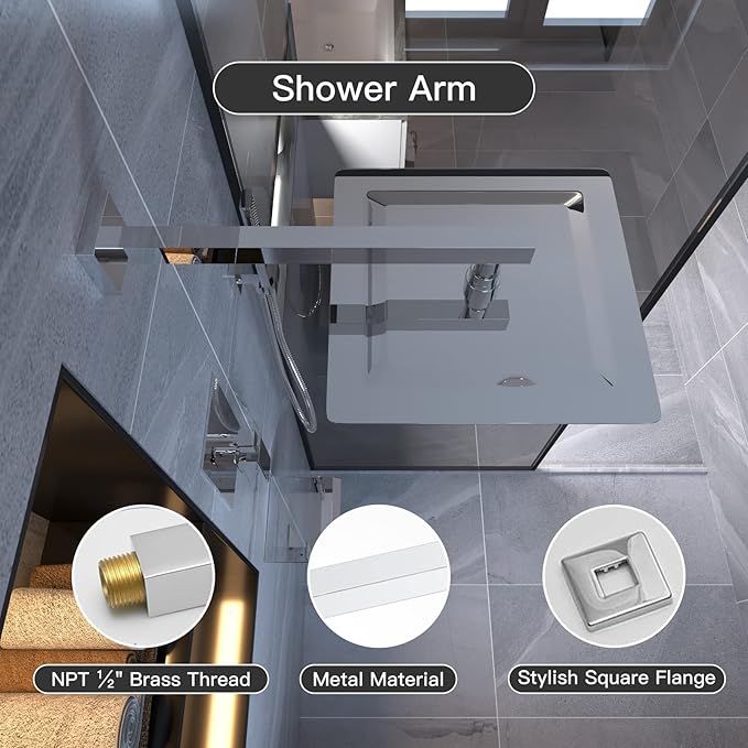 BWE 12 Inch Chrome Shower System Faucet Waterfall Tub Complete with Chrome Spout Set Square Luxury Rain Mixer Pressure Balancing 3-Function Wall Mount Rainfall Rough-in Valve Body and Trim Included