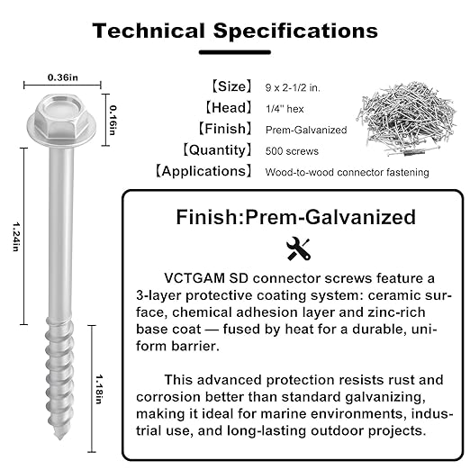 VCTGAM® SD Connector Screws SD9212R500 – 9 x 2-1/2", 1/4" Hex Head, Structural Framing Joist Hanger Screws, Prem-Galvanized High-Strength Corrosion & Deformation Resistant Wood Screws, (500-Qty)