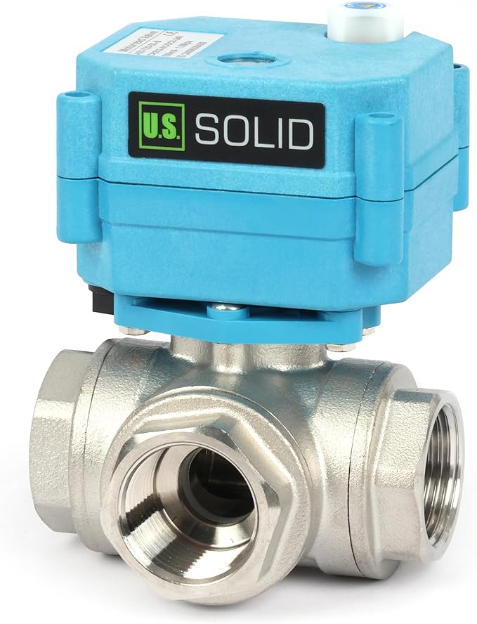 U.S. Solid 3/4" 3 Way Stainless Steel Motorized Ball Valve L Type AC/DC9-24V, Water Shutoff Valve with Manual Function, Standard Port