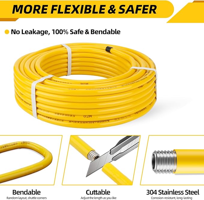 100FT 1/2" CSST Gas Line 1/2in Natural Flexible Gas Line with 2 Male Adapter Fittings, CSST Corrugated Stainless Steel Gas Tubing Pipe Kit for Stove Dryer Heater Gas Propane (100FT)