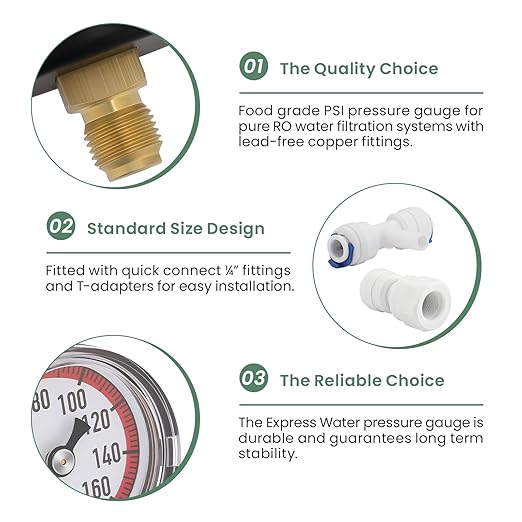 MEASUREMAN Water Pressure Gauge, Compatible with Reverse Osmosis (RO) Filter Systems, Water Filters 160 PSI with T-Valve Adapter – Home Water Pressure Tester Lead & BPA-Free, Easy Installation