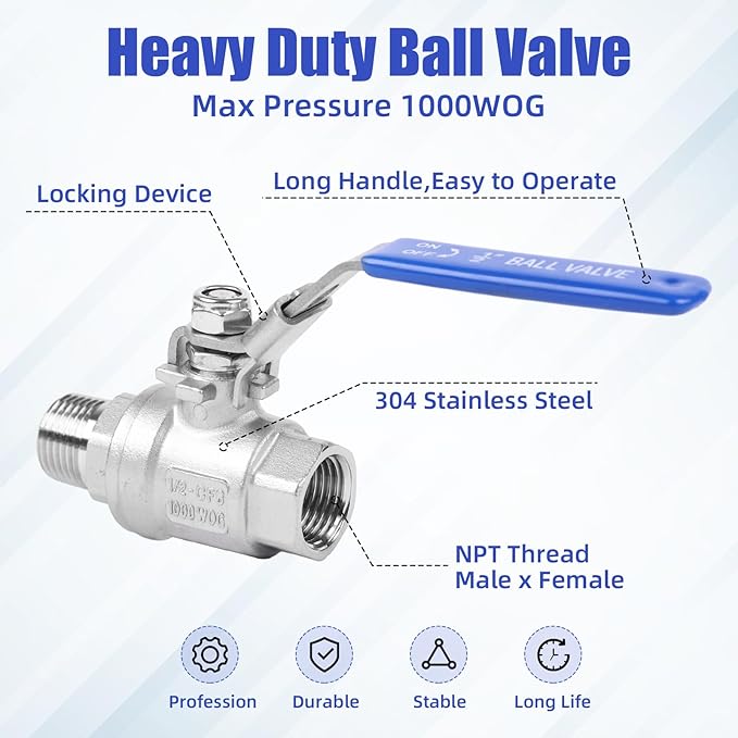 YADIAN 4 Pack Full Port Ball Valve 1/2 Inch - NPT Male x Female 304 Stainless Steel Heavy Duty Shut Off Valve with Locking Device for Water, Oil, and Gas, 1000WOG (1/2'' NPT, Pack of 4)
