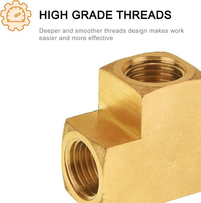 SUNGATOR 1/4'' Barstock Tee Fittings, 1/4" Inch NPT Female Brass Pipe Fittings, 1/4'' NPT Female Brass Barstock Tee Fittings for Air Compressor, Gas Line (2-Pack)