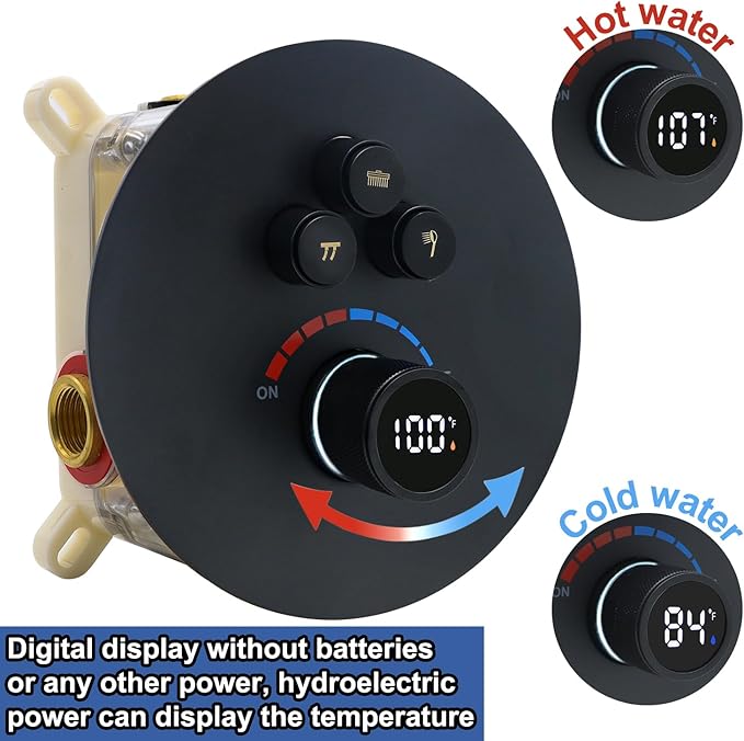Round Digital Display Shower Valve 3 Way Shower Mixing Valve Concealed Installation Can Use All the Time Matte Black