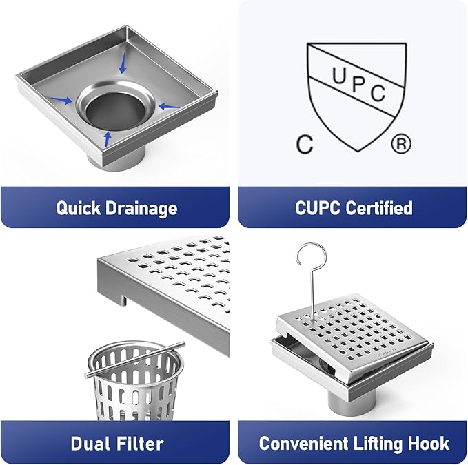 Square Shower Drain 4", 304 Stainless Steel Floor Drain with Grid Drain Cover & Hair Strainer, Retrofit Shower Drain w/CUPC Certified, Brushed