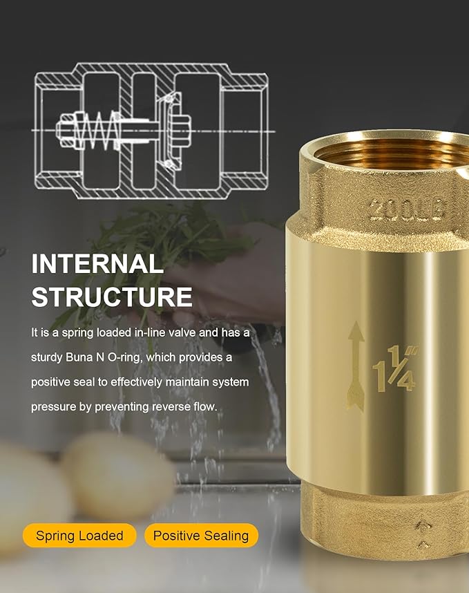 In-Line Check Valve No-Lead Brass Backflow Prevention One Way Check Valves 1-1/4" Female Pipe Thread for most pumps, 1.25'' FNPT × 1.25'' FNPT