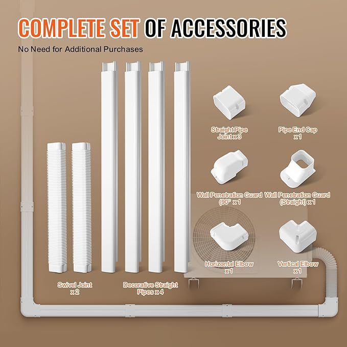 VEVOR Mini Split Line Set Cover 3-inch W 17.6Ft L, PVC Decorative Pipe Line Cover for Air Conditioner with 4 Straight Ducts & Full Components Easy to Install, Paintable for Heat Pumps, White
