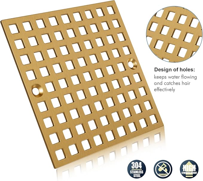 4" Champagne Bronze Shower Drain Cover - Square Floor Drain Cover Replacement - Hair Catcher/Drain Strainer for Bathrooms, Showers, and Sinks - SUS304 Stainless Steel & CUPC Certified