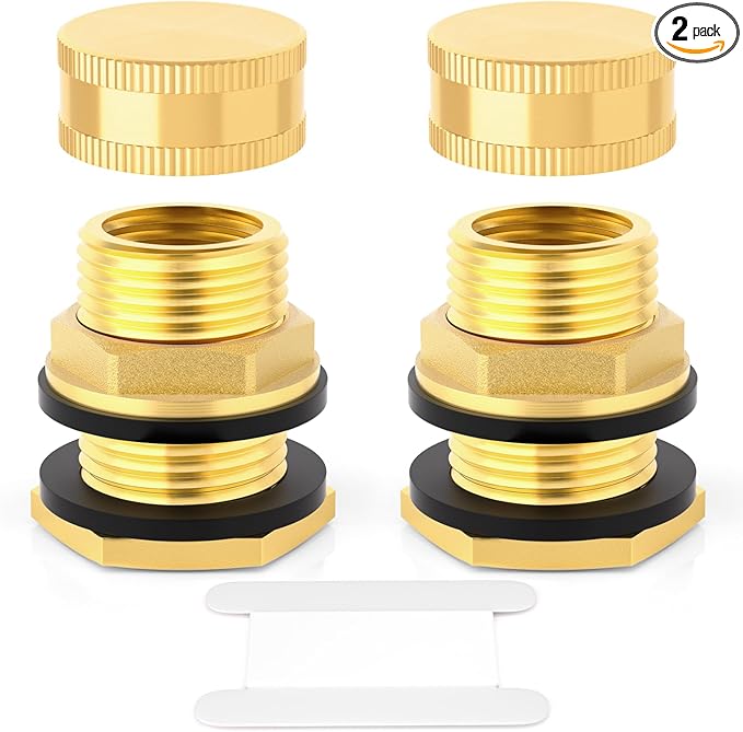 GASHER Brass Garden Hose Bulkhead Fitting With Plug, 1/2" Female NPT, 3/4" Male GHT(garden Hose Thread) Bulkhead Tank Connector Adapter Fitting with Rubber Ring(2 Pack)