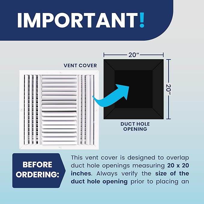 20x20 Inch (Duct Opening) Aluminum 4-Way Air Flow Vent – HVAC Vent Cover for Wall or Ceiling – Quiet HVAC Wall Register with Multi-Shutter Damper – Adjustable Curved Blade - Plastic Seal for Tight Fit