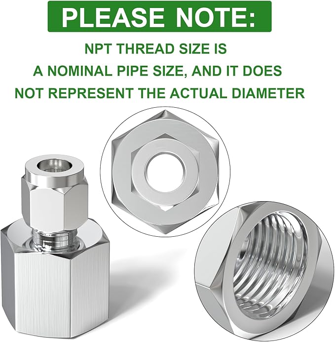 TAISHER 5PCS 304 Stainless Steel Compression Tube Pipe Fitting Connector, 1/4" Tube OD x 3/8" NPT Female Straight Adapter