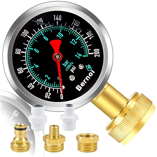 Bernoi Liquid Filled Water Pressure Gauge Kit with 5 Parts, 0-200 Psi, Standard 3/4" Female Garden Hose Thread Water Pessure Gauge for Home