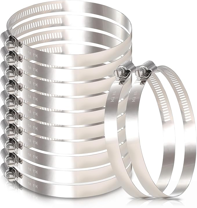 12Pack 4 inch Hose Clamp, Adjustable 304 Stainless Steel Duct Clamps Hose Clamp from 3-3/5"-4-1/2"/91-114mm, Metal Worm Drive Gear Duct Clamp for Air Ducting, Dryer Vent Hose, Fuel Line, Plumbing