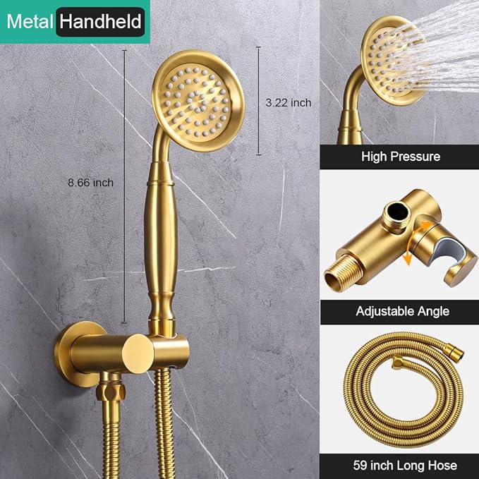 Brushed-Gold Antique Shower System with Jets: 9 inch Rain Faucet Sets Complete Wall Rainfall Head and Handheld Spray Fixtures Combo, 3 Way Diverter Brass Rough in Valve Trim Kit
