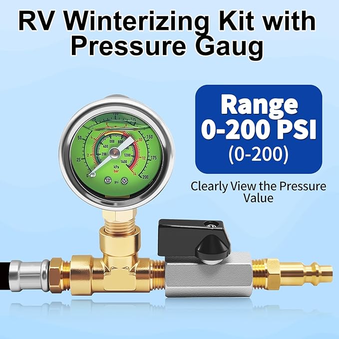 RV Winterizing Kit with Pressure Gauge, 60inch RV Winterize Hose with 3/4" GHT Blow Out Fitting Adaptor & 1/4" Quick Connect Plug, Sprinkler Winterization for RV, Camper, Boat, Travel Trailer, Black