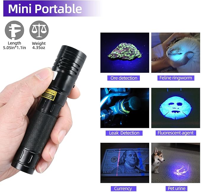 DARKBEAM Flashlight UV 365nm Black Light High Power 3 LEDs USB -C Rechargeable, 20W Mini Woods Lamp Ultraviolet with Filter - Detector for Pet Urine, Uranium Glass - Leak Detection - Resin Curing