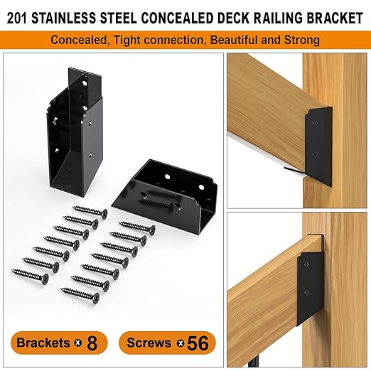 30° Stair Angle Stainless Steel Deck Railing Brackets Connectors for 2"x4" (Actual 1.5"x3.5") Railing Wood Post Stair Fence Railing Connectors with Coated Wood Screws,(4 Pair/Black)