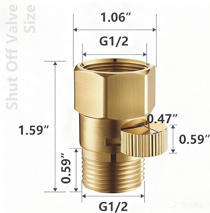 Shower Head Flow Restrictor - G1/2 IPS Brass Shower Shut Off Valve, Water Flow Control Valve Pressure Regulator, RV Hose Flow Restrictor for Toilet Handheld Shower or Bidet Sprayer, Brushed Gold