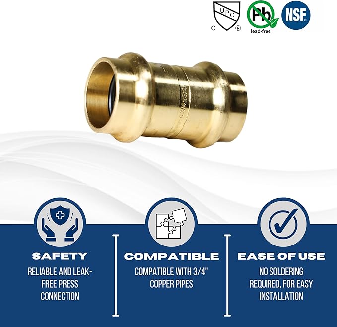 XFITTING 3/4 inch x 3/4 inch Press Coupling, Brass, 10 Pieces