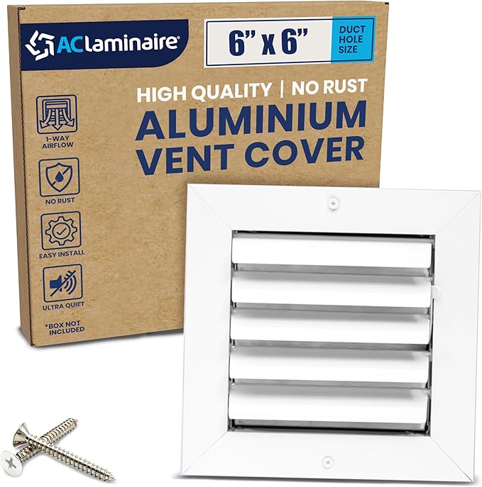 6x6 Inch (Duct Opening) Aluminum 1-Way Air Flow Vent – HVAC Vent Cover for Wall or Ceiling – Quiet HVAC Wall Register - Multi-Shutter Damper – Adjustable Curved Blade - Plastic Seal for Tight Fit