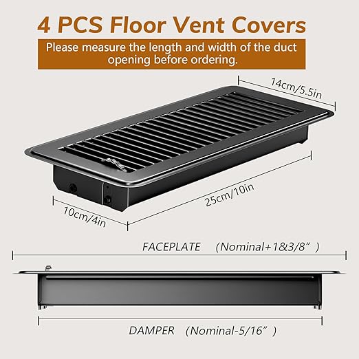 4Pcs Floor Vents Floor Registers 4x10 Inch, Heavy Duty Metal Hot Air Vent Covers 4x10 Inch with Rust-Proof Finish for Home Heater Floor Vent Grilles and Vents (4, Black, 4x10 Inches)