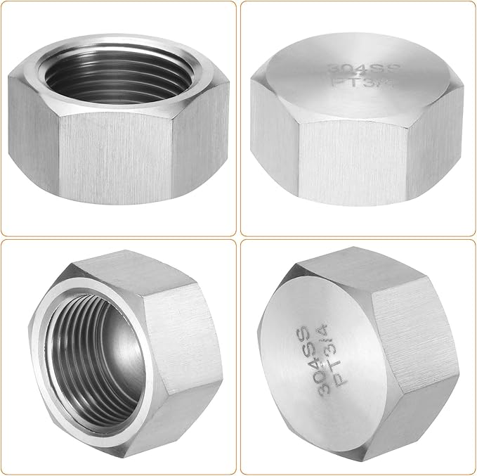 uxcell 2pcs Hex End Cap 304 Stainless Steel Nut with Washer, PT 3/4" Female Thread Pipe Fitting, Gas Line Water Line Stop Valve Cap Tubing Ends for Plumbing Fittings, Silver Tone