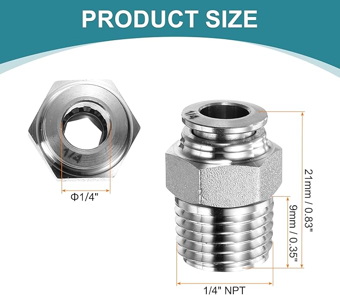 HARFINGTON Push to Connect Fittings 1/4" Tube OD x 1/4" NPT Thread Male Straight Union Fittings 304 Stainless Steel Quick Connect Pneumatic Accessories for Trailers Air Brake System