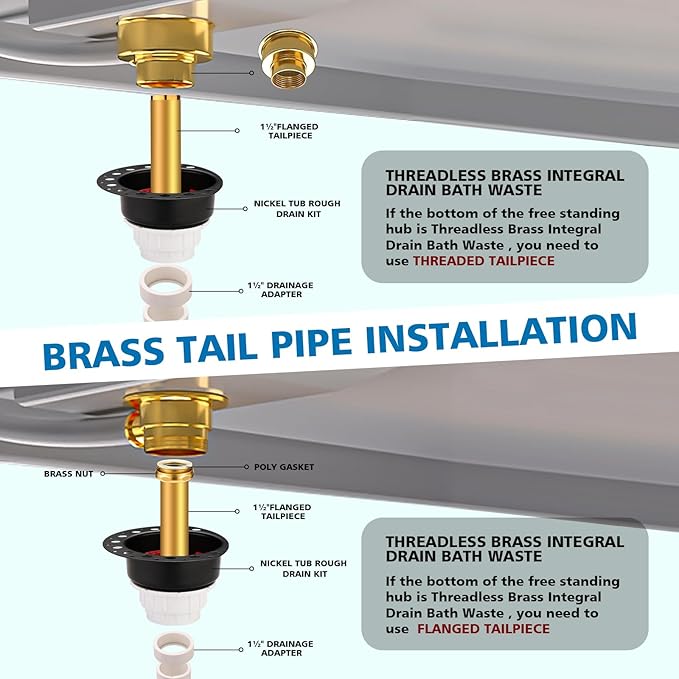 Freestanding Tub Drain Rough-in Kit, Bathtub Drain Kit with PVC Plastic Adapter and Brass Tail Pipes, Compatible with Freestanding Bathtub, Floor Mounted Bathtub and Copper Bathtub