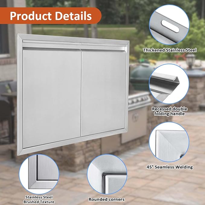 JIE JIN BBQ Access Door 26" W X 24" H Outdoor Kitchen Doors Double Doors Thickened 304 Stainless Steel Outdoor Kitchen Accessories Door for Indoor/Outdoor Kitchen Outdoor Cabinet BBQ Island