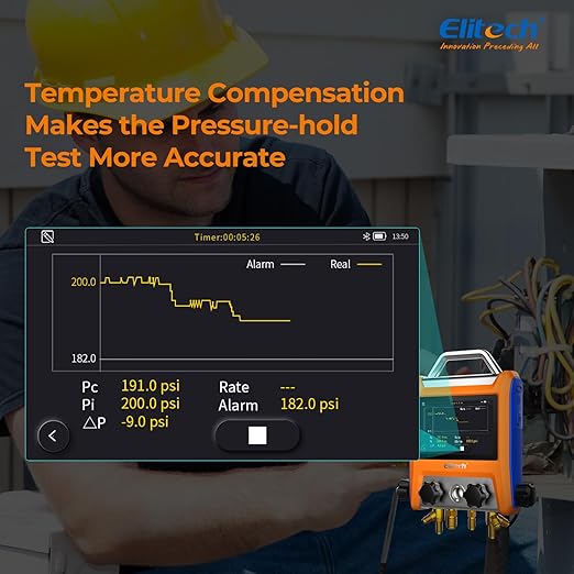 Elitech Digital 4 Valve Manifold Gauge HVAC with Refrigerant Hoses, Vacuum Micron Gauge, Thermometer Clamps, OTA Upgrade, Wireless APP Control