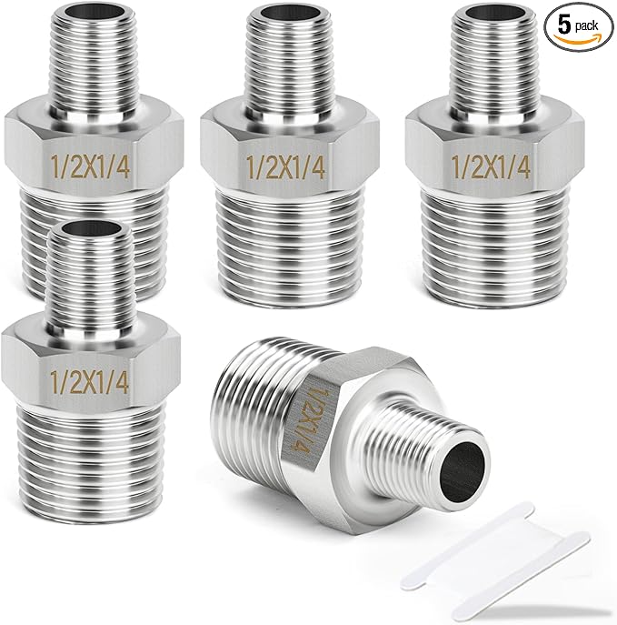 TAISHER 5PCS 304 Stainless Steel New Hex Nipple, 1/2" NPT Male x 1/4" NPT Male, Reducing Pipe Adapter Fitting