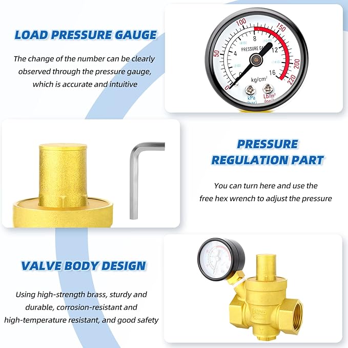 MEANLIN MEASURE 1 inch brass Water pressure regulating valve, pressure regulating valve, pressure reducing valve, DN25, with 0-220PSI pressure gauge