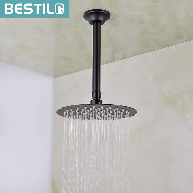 BESTILL 8 Inch Ceiling Mount Rain Shower Head Arm and Flange, Matte Black