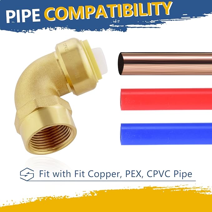 Push-fit Female Elbow,1/2" x 1/2" FNPT Female Threaded Elbow with Disconnect Clip, Push Fittings for Copper, PE-RT, CPVC Pipe(Pack of 10)(PF161)