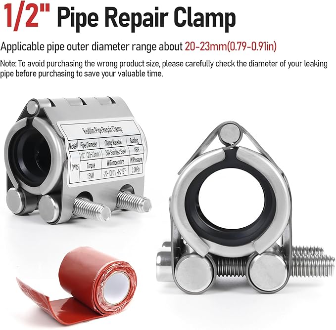 Kodilin Upgraded Pipe Repair Clamp with M1 Self-Adhesive Leak-Sealing Tape | 304 Stainless Steel Rust-Proof Emergency Pipe Repair Kit for Plastic & Metal Pipes, 1/2"(20-23mm)