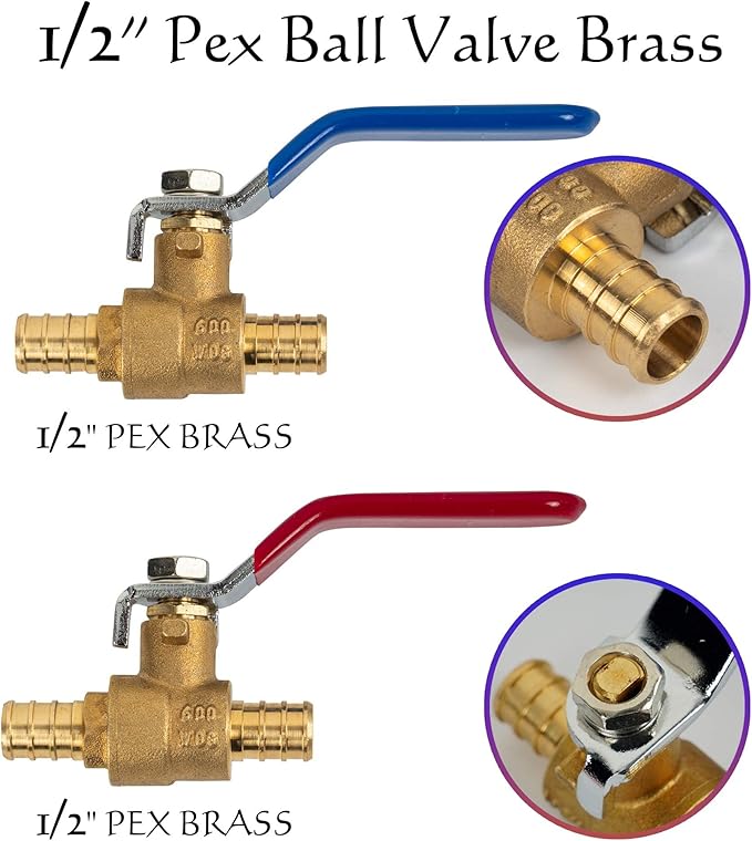Hourleey 2 Pieces 1/2 Inch Pex Brass Full Port Shut Off Ball Valve HOT AND COLD, Quarter Turn HOT (RED) COLD (BLUE) of Brass Water Stop Shutt off, 1 Piece each